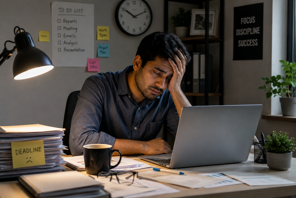Late-night office fatigue and stress